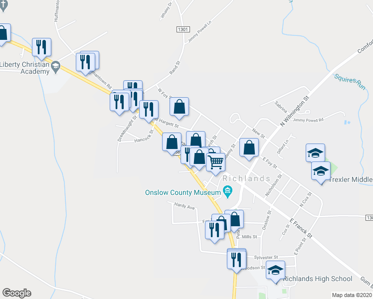 map of restaurants, bars, coffee shops, grocery stores, and more near 311 W Franck St in Richlands