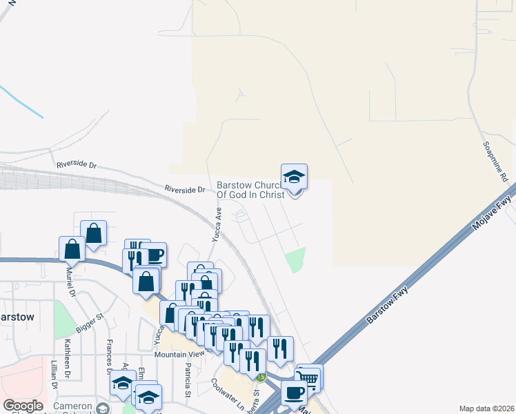 map of restaurants, bars, coffee shops, grocery stores, and more near 1331 Mesa Drive in Barstow