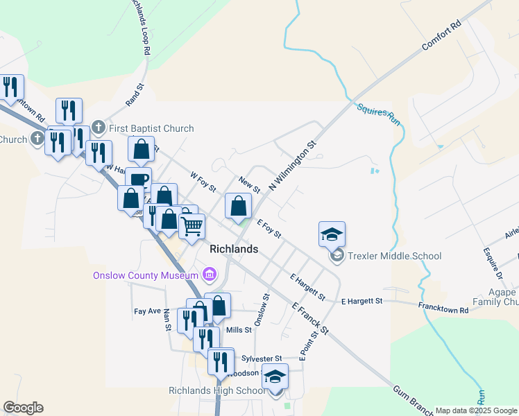 map of restaurants, bars, coffee shops, grocery stores, and more near 204 North Wilmington Street in Richlands