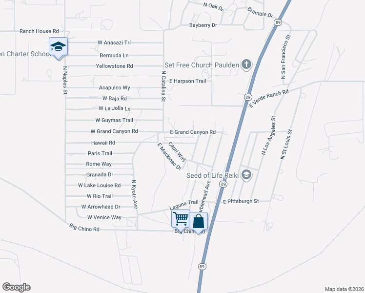 map of restaurants, bars, coffee shops, grocery stores, and more near 50 Hawaii Road in Paulden