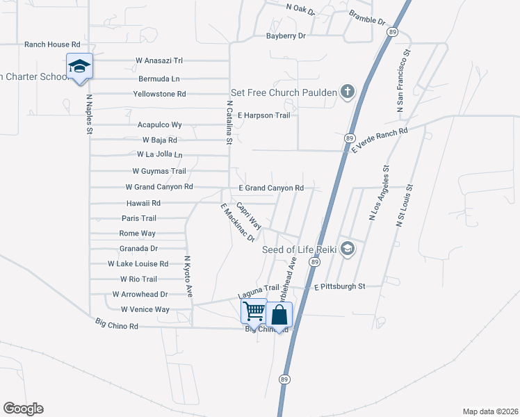 map of restaurants, bars, coffee shops, grocery stores, and more near 50 Hawaii Road in Paulden
