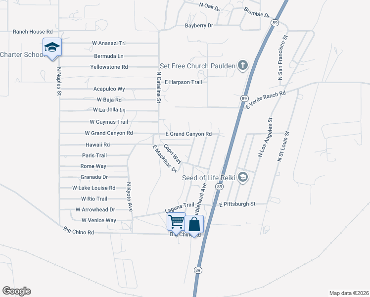 map of restaurants, bars, coffee shops, grocery stores, and more near 50 Hawaii Road in Paulden