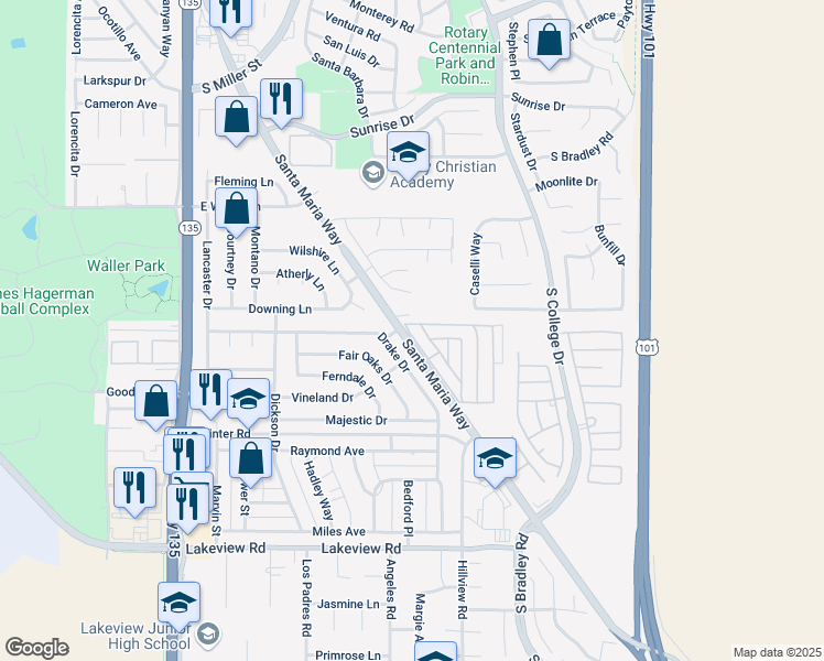 map of restaurants, bars, coffee shops, grocery stores, and more near 3210 Santa Maria Way in Santa Maria