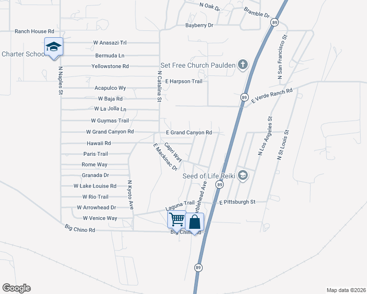 map of restaurants, bars, coffee shops, grocery stores, and more near 50 Hawaii Road in Paulden
