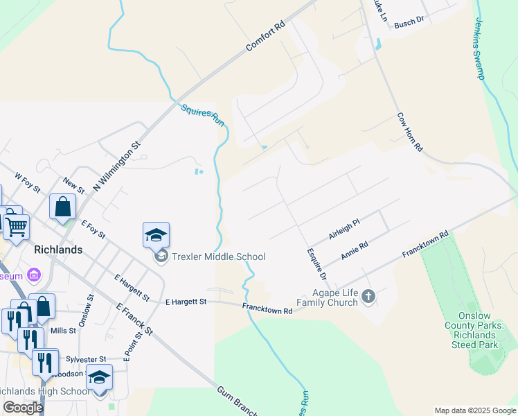 map of restaurants, bars, coffee shops, grocery stores, and more near 110 Dukes Lake Circle in Richlands