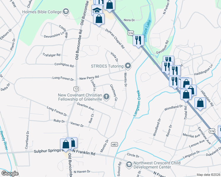 map of restaurants, bars, coffee shops, grocery stores, and more near 232 Courtney Circle in Greenville