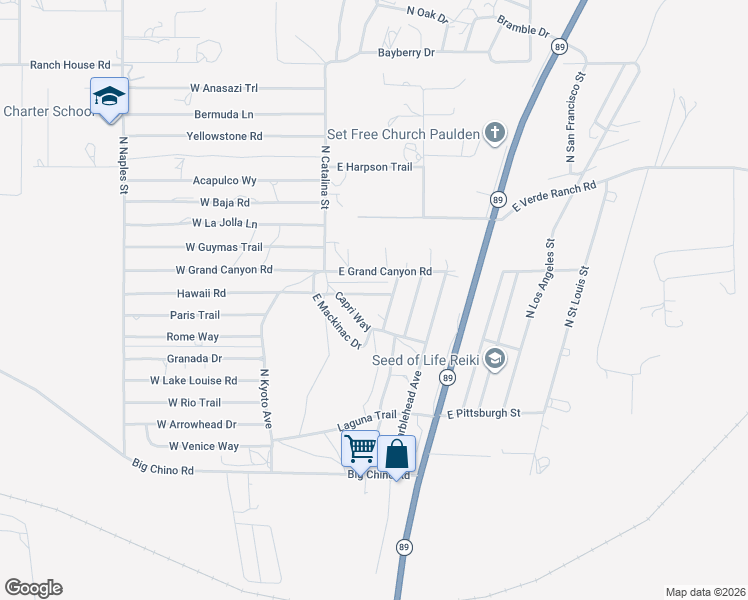 map of restaurants, bars, coffee shops, grocery stores, and more near 50 Hawaii Road in Paulden