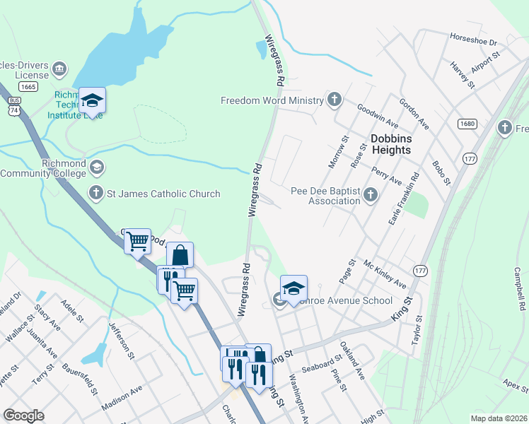 map of restaurants, bars, coffee shops, grocery stores, and more near 915 Wiregrass Road in Hamlet