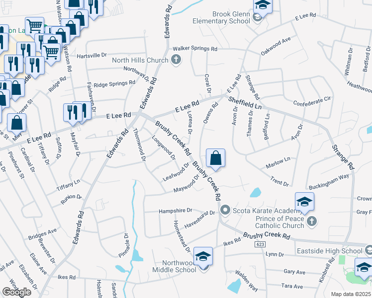 map of restaurants, bars, coffee shops, grocery stores, and more near 110 Brushy Creek Road in Taylors