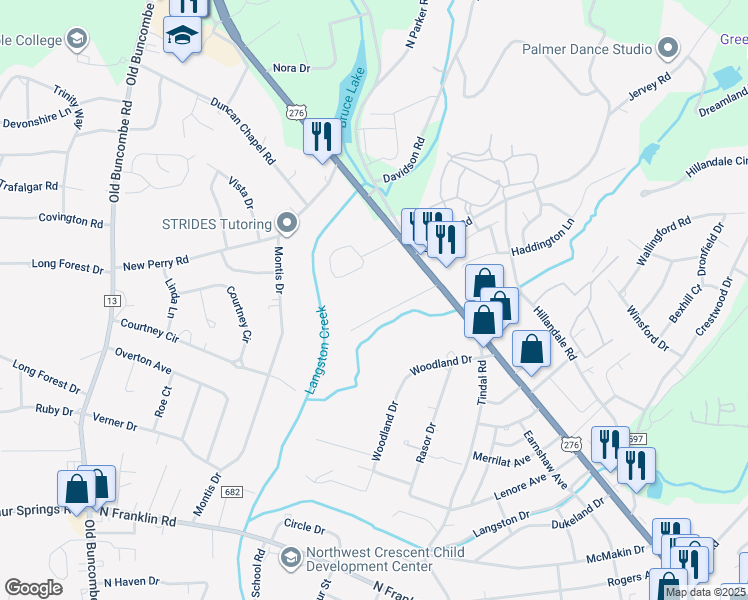 map of restaurants, bars, coffee shops, grocery stores, and more near 107 Cope Circle in Greenville
