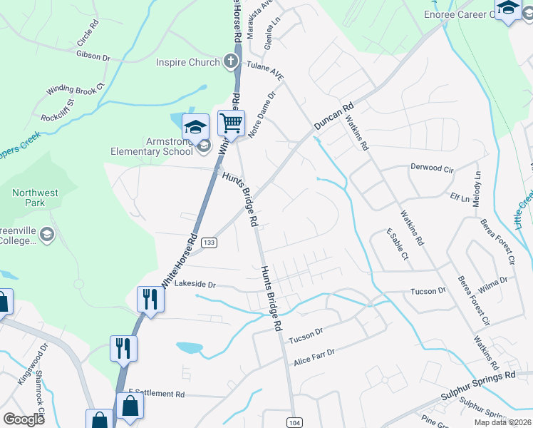 map of restaurants, bars, coffee shops, grocery stores, and more near 710 Hunts Bridge Road in Greenville