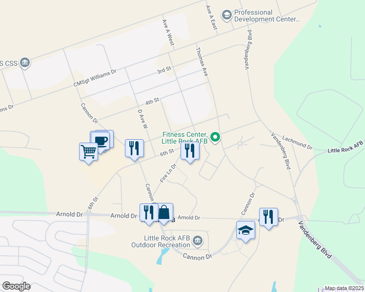 map of restaurants, bars, coffee shops, grocery stores, and more near in LRAFB