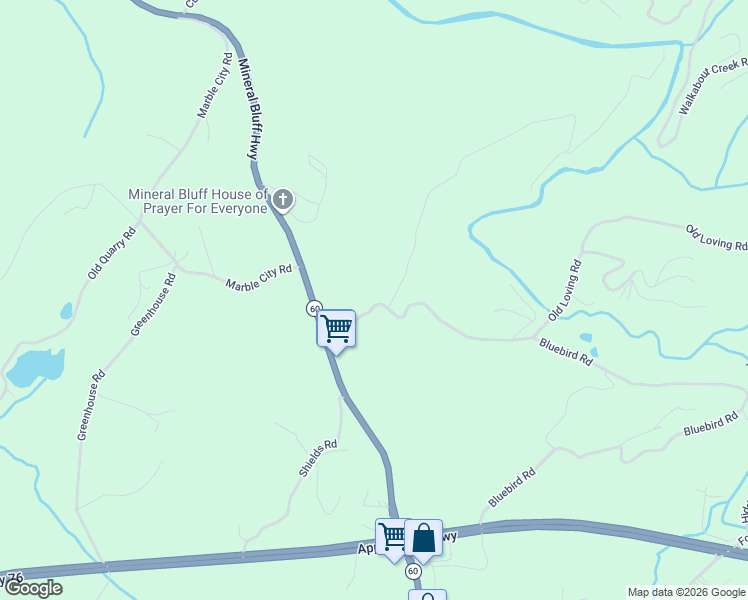 map of restaurants, bars, coffee shops, grocery stores, and more near 157 Old Loving Road in Mineral Bluff