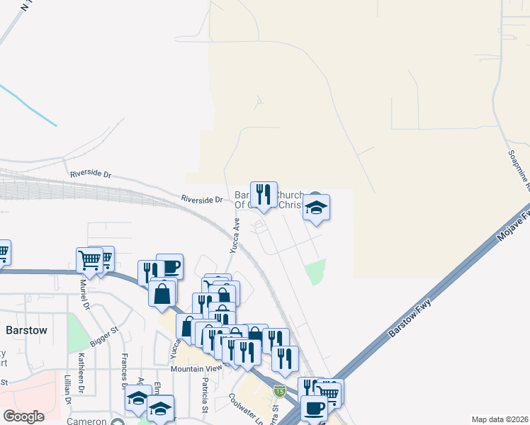 map of restaurants, bars, coffee shops, grocery stores, and more near 1339 Riverside Drive in Barstow