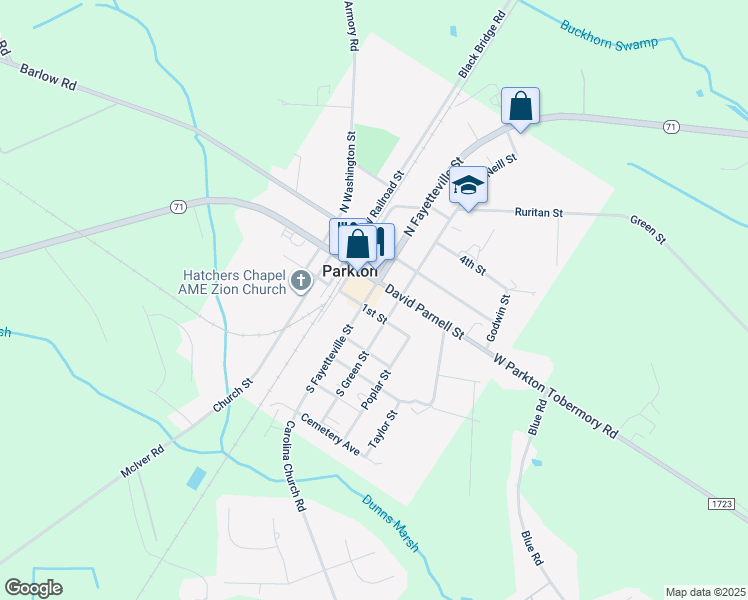 map of restaurants, bars, coffee shops, grocery stores, and more near 28 North Fayetteville Street in Parkton