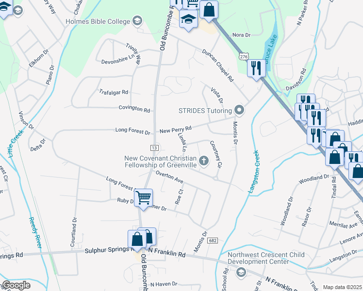 map of restaurants, bars, coffee shops, grocery stores, and more near 101 Linda Lane in Greenville