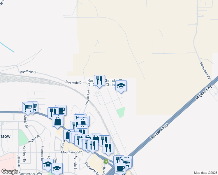 map of restaurants, bars, coffee shops, grocery stores, and more near 1331 Mesa Drive in Barstow