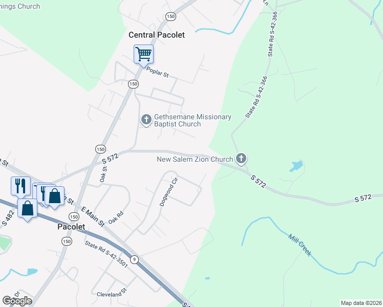 map of restaurants, bars, coffee shops, grocery stores, and more near 501 Jerusalem Road in Pacolet