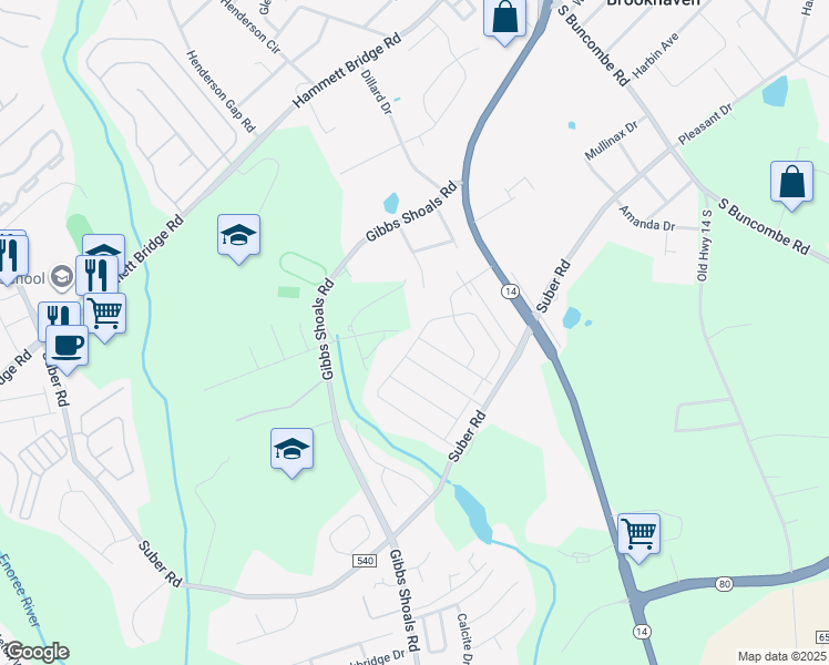 map of restaurants, bars, coffee shops, grocery stores, and more near 401 Yellow Fox Road in Greer