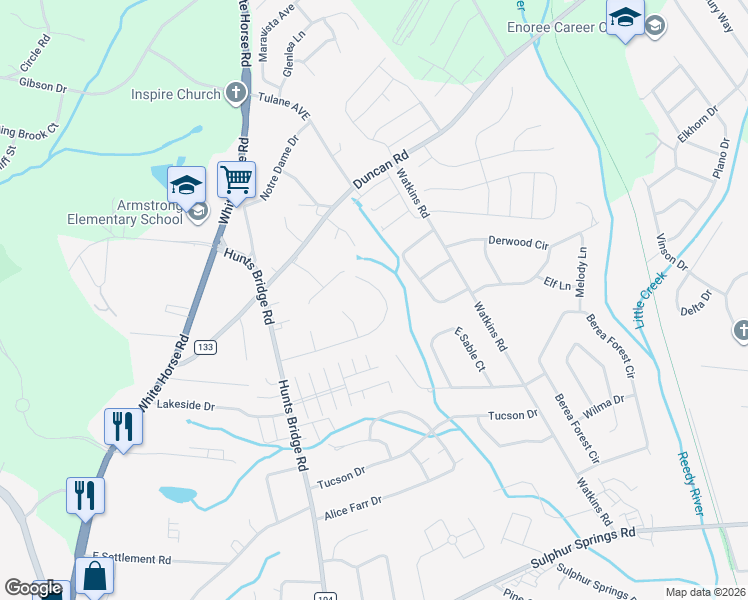 map of restaurants, bars, coffee shops, grocery stores, and more near 23 Fenwick Lane in Greenville