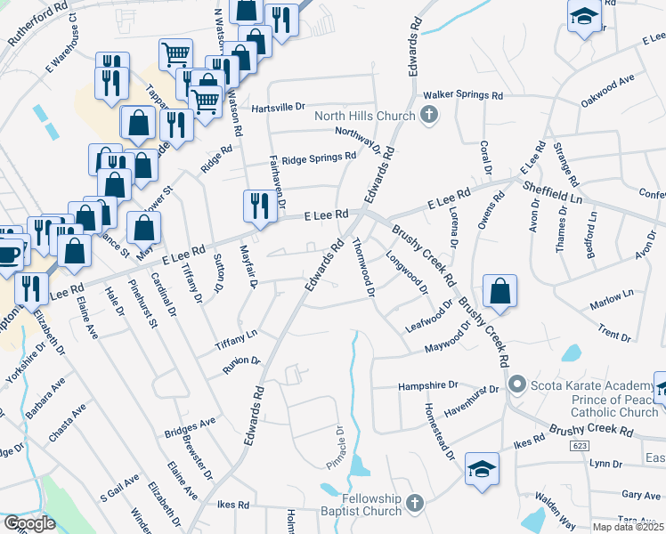 map of restaurants, bars, coffee shops, grocery stores, and more near 4310 Edwards Road in Taylors