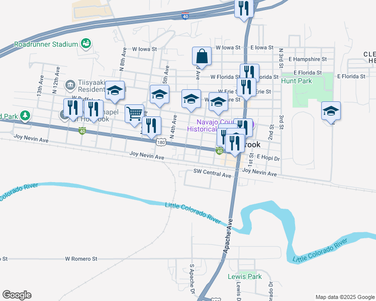 map of restaurants, bars, coffee shops, grocery stores, and more near 317 West Hopi Drive in Holbrook