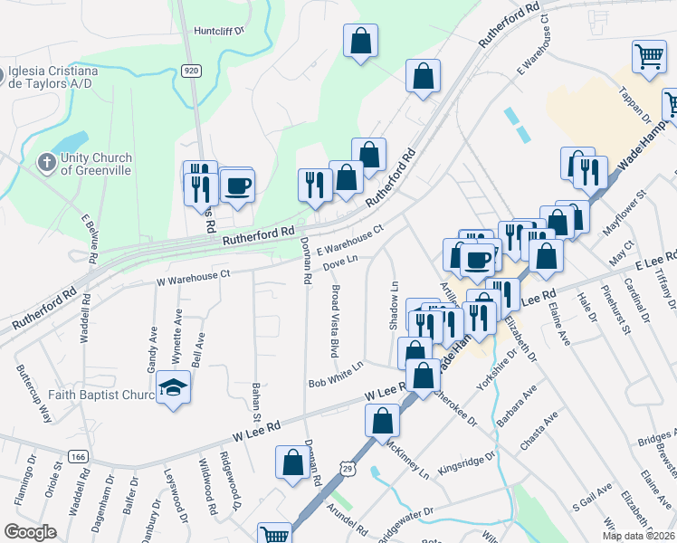 map of restaurants, bars, coffee shops, grocery stores, and more near 102 Dove Lane in Taylors