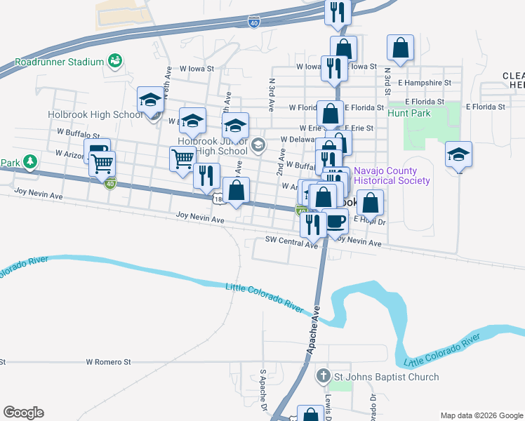 map of restaurants, bars, coffee shops, grocery stores, and more near 317 West Hopi Drive in Holbrook