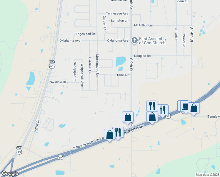 map of restaurants, bars, coffee shops, grocery stores, and more near 506 Flamingo Road in McAlester