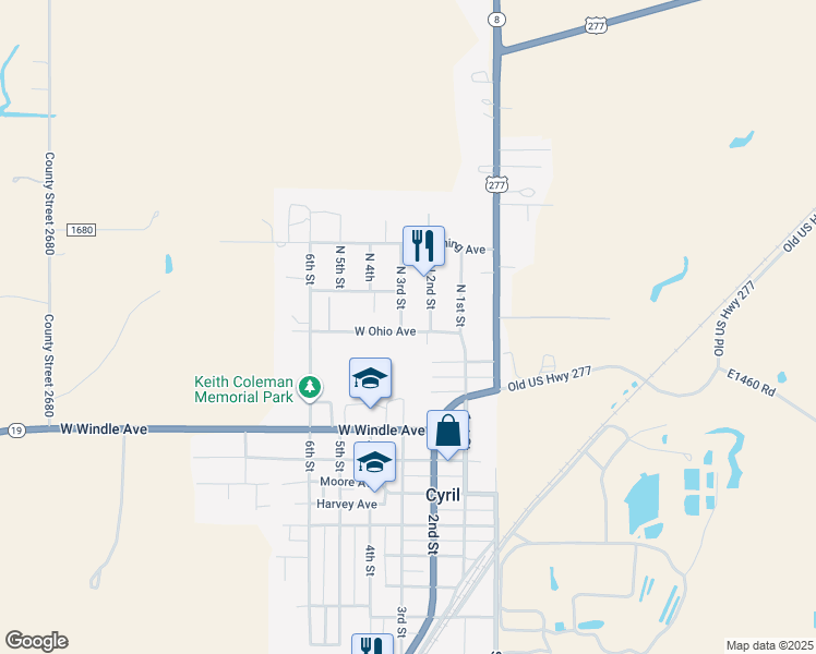 map of restaurants, bars, coffee shops, grocery stores, and more near 206 West Ohio Street in Cyril