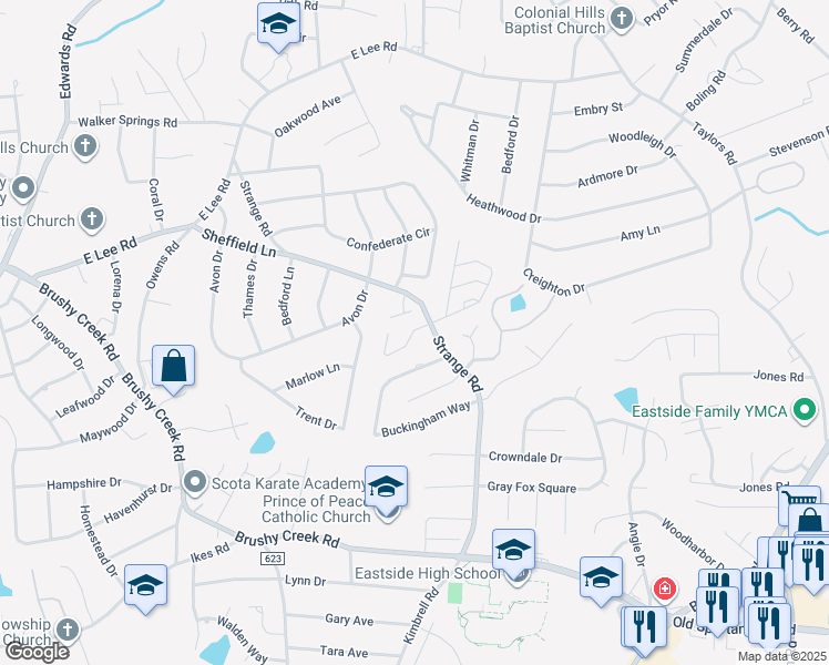 map of restaurants, bars, coffee shops, grocery stores, and more near 7 Pineneedle Lane in Taylors