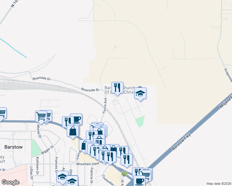 map of restaurants, bars, coffee shops, grocery stores, and more near 1339 Riverside Drive in Barstow
