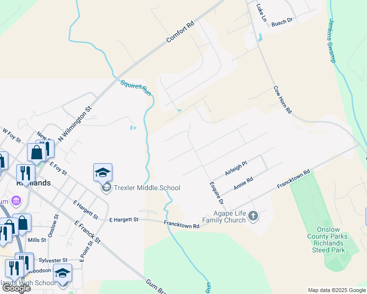 map of restaurants, bars, coffee shops, grocery stores, and more near 104 Dukes Lake Circle in Richlands