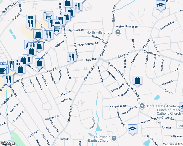 map of restaurants, bars, coffee shops, grocery stores, and more near 4310 Edwards Road in Taylors