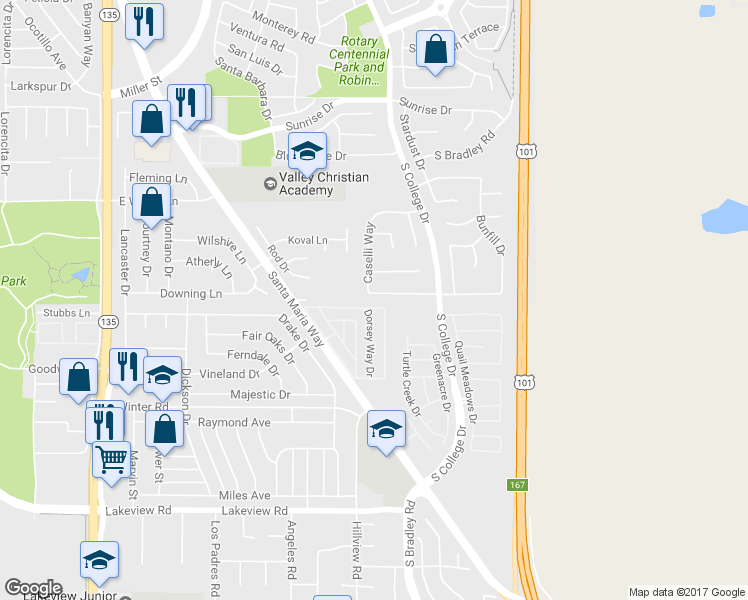 map of restaurants, bars, coffee shops, grocery stores, and more near 832 McCloud Street in Santa Maria