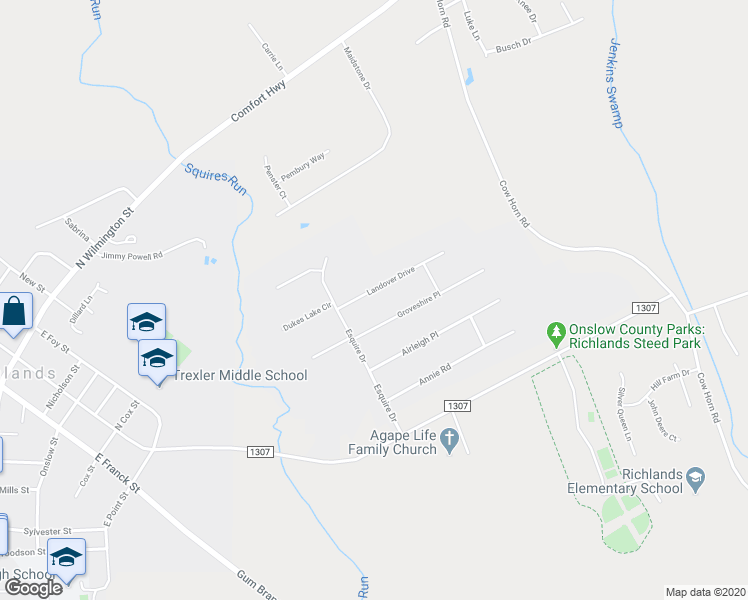 map of restaurants, bars, coffee shops, grocery stores, and more near 110 Landover Drive in Richlands