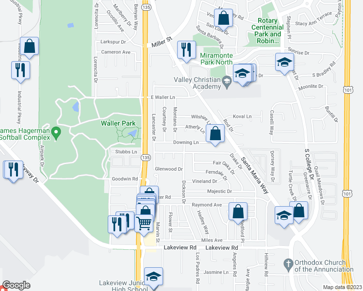 map of restaurants, bars, coffee shops, grocery stores, and more near 328 Downing Lane in Santa Maria