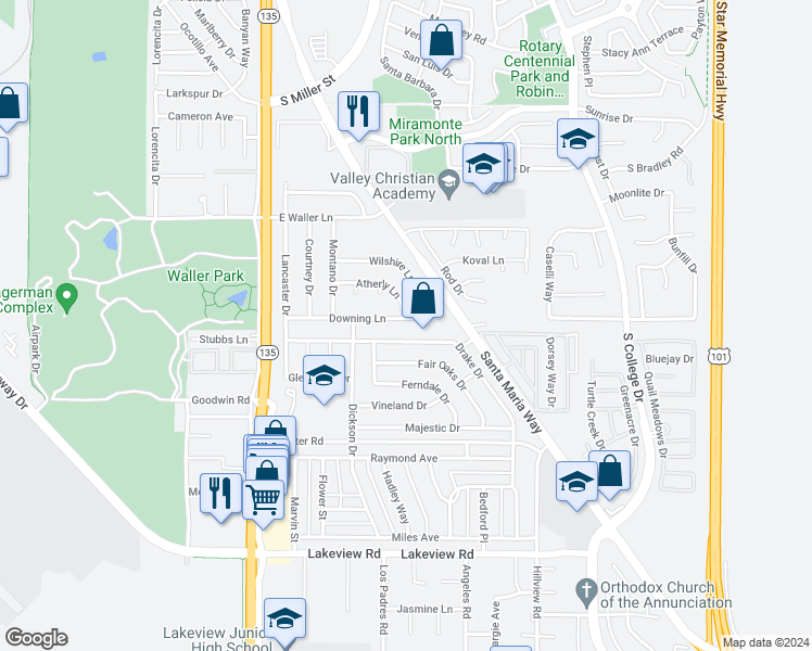 map of restaurants, bars, coffee shops, grocery stores, and more near 496 Downing Lane in Santa Maria