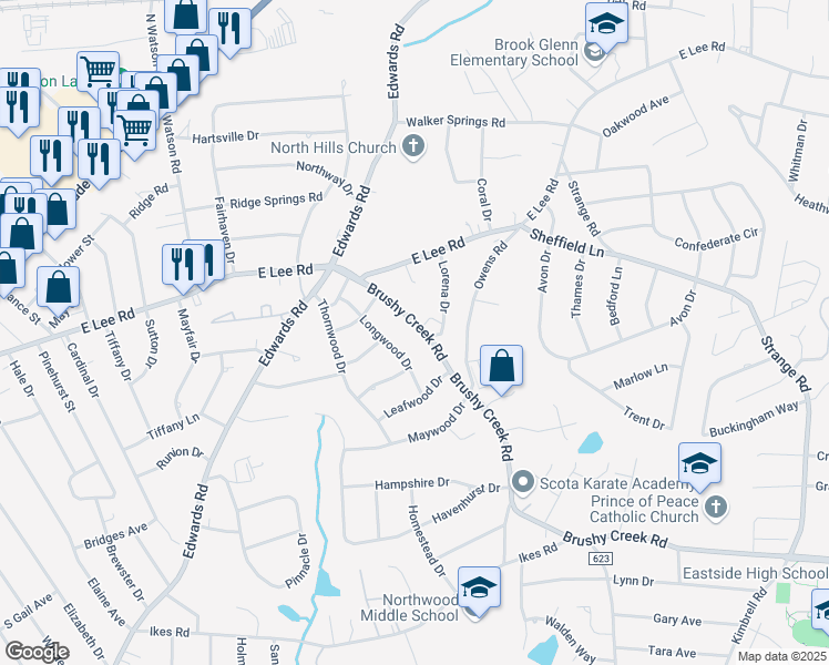 map of restaurants, bars, coffee shops, grocery stores, and more near 110 Brushy Creek Road in Taylors
