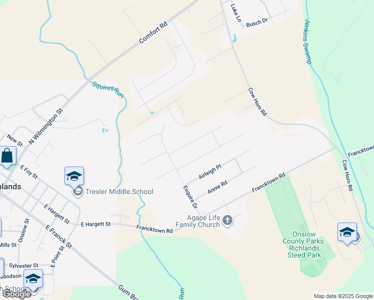 map of restaurants, bars, coffee shops, grocery stores, and more near 110 Landover Drive in Richlands