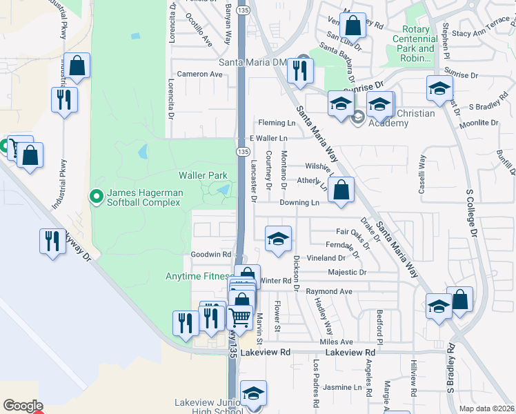 map of restaurants, bars, coffee shops, grocery stores, and more near 200 Downing Lane in Santa Maria