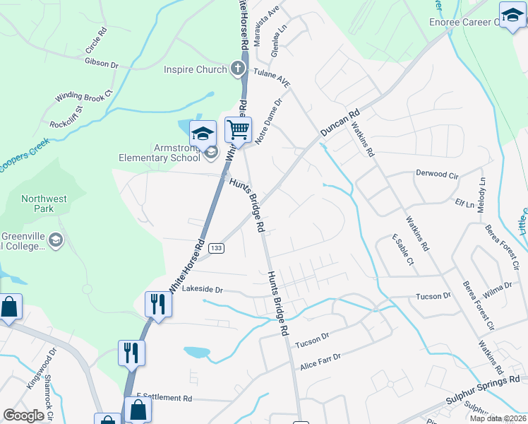map of restaurants, bars, coffee shops, grocery stores, and more near 56 Hunts Bridge Road in Greenville