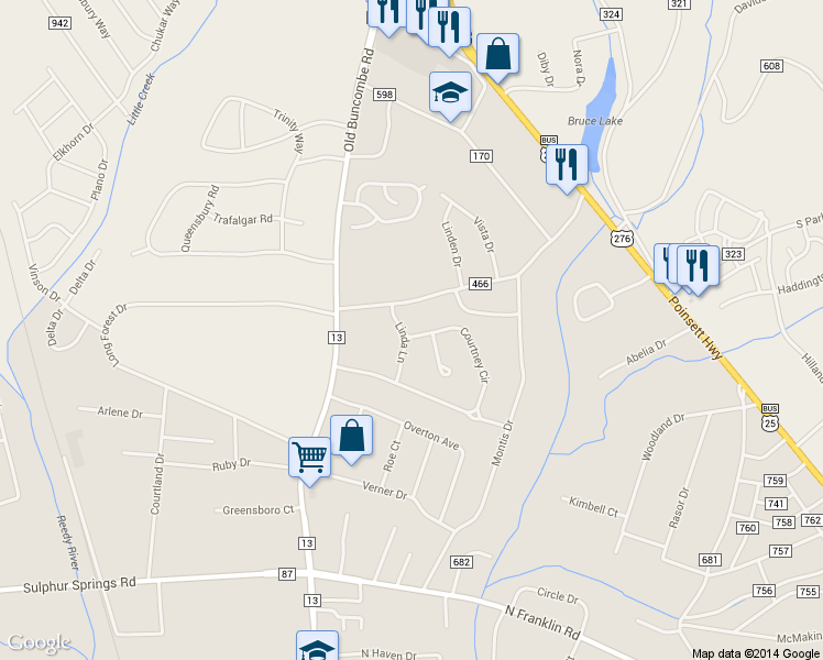 map of restaurants, bars, coffee shops, grocery stores, and more near 304 Courtney Circle in Greenville