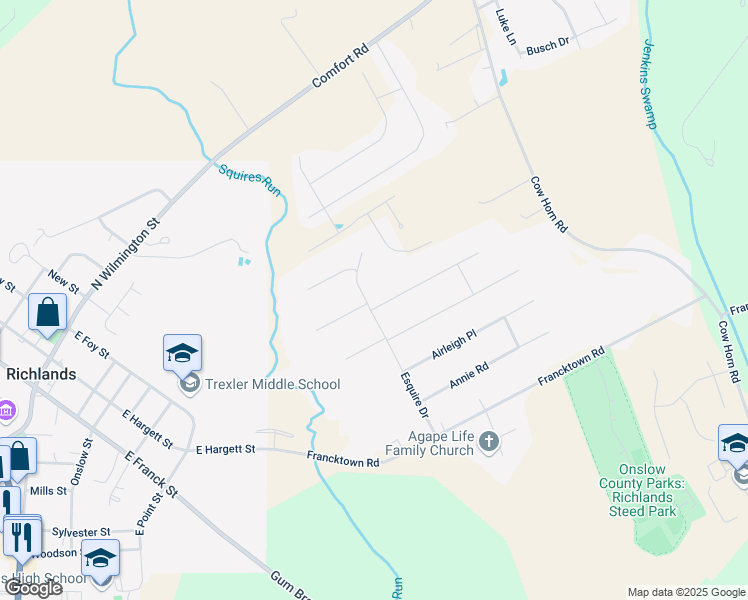 map of restaurants, bars, coffee shops, grocery stores, and more near 101 Landover Drive in Richlands