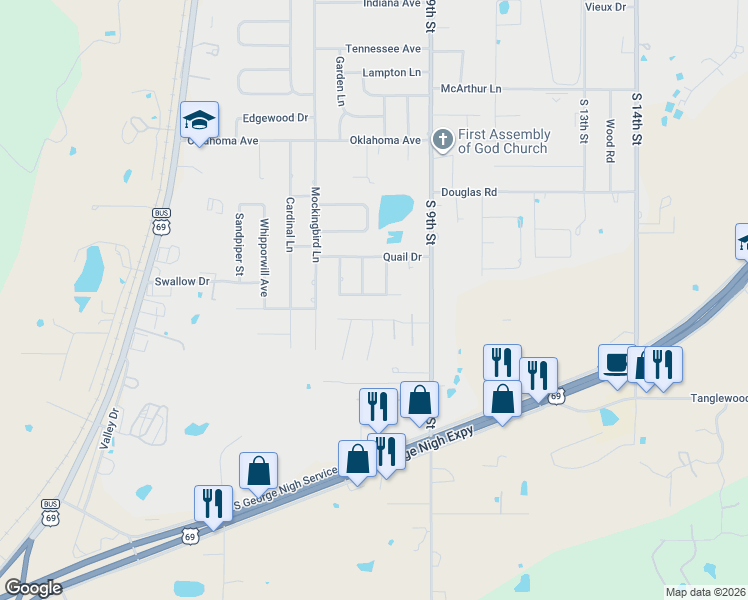 map of restaurants, bars, coffee shops, grocery stores, and more near 506 Flamingo Road in McAlester