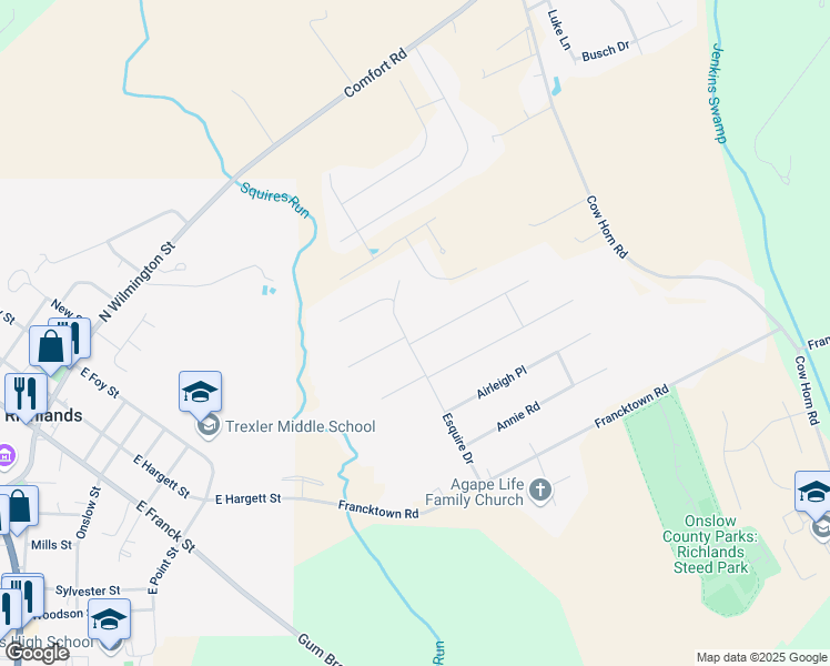 map of restaurants, bars, coffee shops, grocery stores, and more near 101 Landover Drive in Richlands
