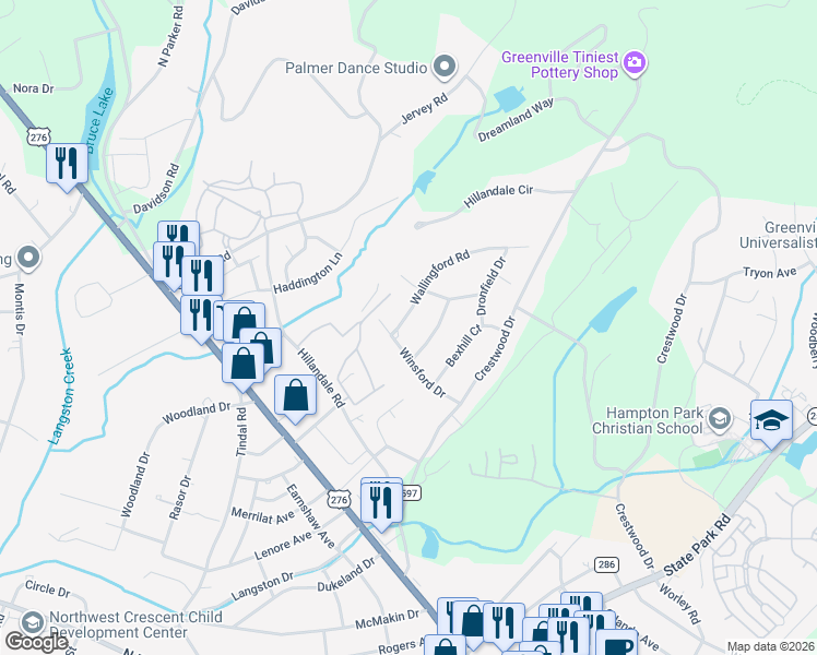 map of restaurants, bars, coffee shops, grocery stores, and more near 4 Wallingford Road in Greenville