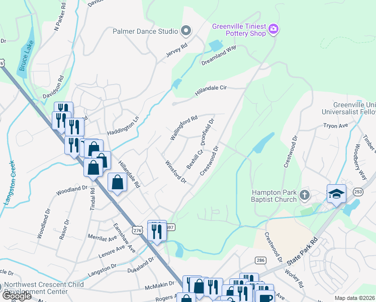 map of restaurants, bars, coffee shops, grocery stores, and more near 10 Norwich Dr in Greenville