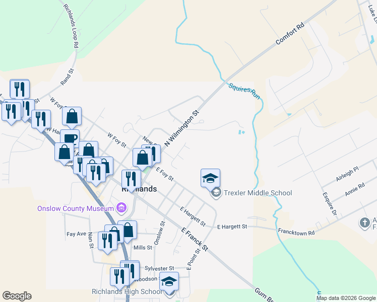 map of restaurants, bars, coffee shops, grocery stores, and more near 102 Berlin Court in Richlands
