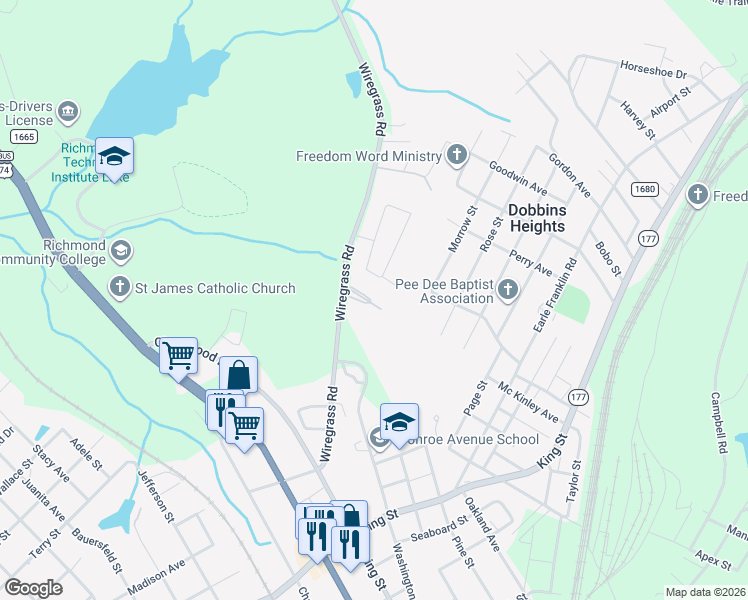 map of restaurants, bars, coffee shops, grocery stores, and more near 915 Wiregrass Road in Hamlet